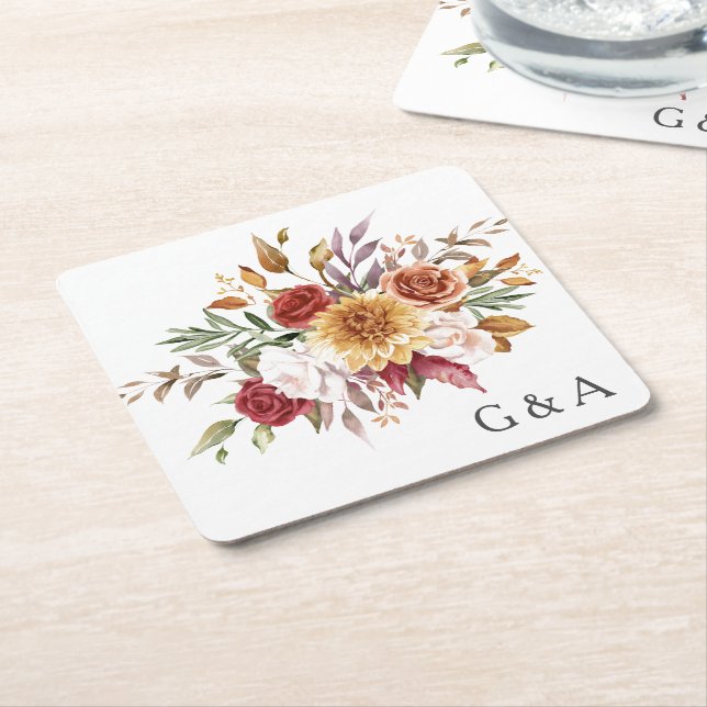 Fall Watercolor Botanical  Square Paper Coaster (Angled)