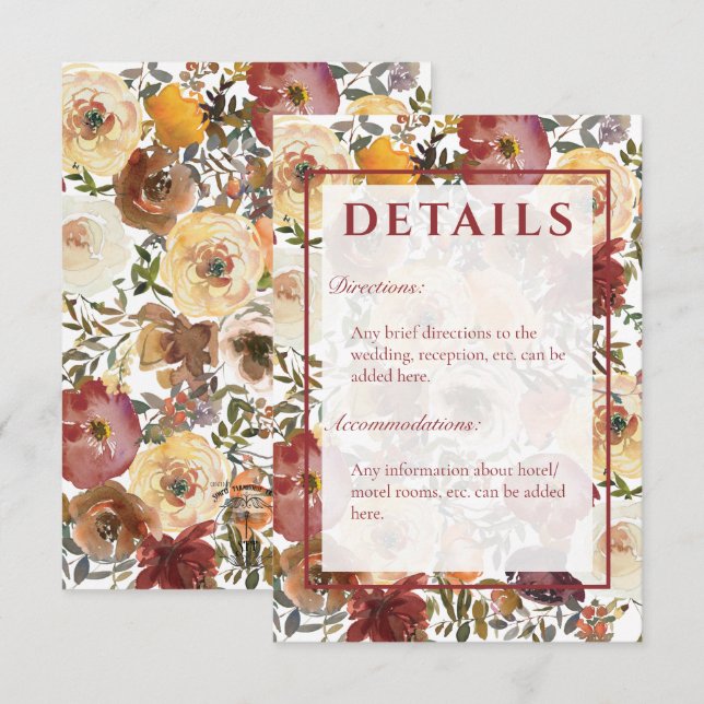 Fall Watercolor Bouquets Wedding Details  Enclosure Card (Front/Back)