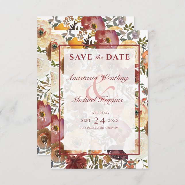 Fall Watercolor Bouquets Wedding Save The Date (Front/Back)