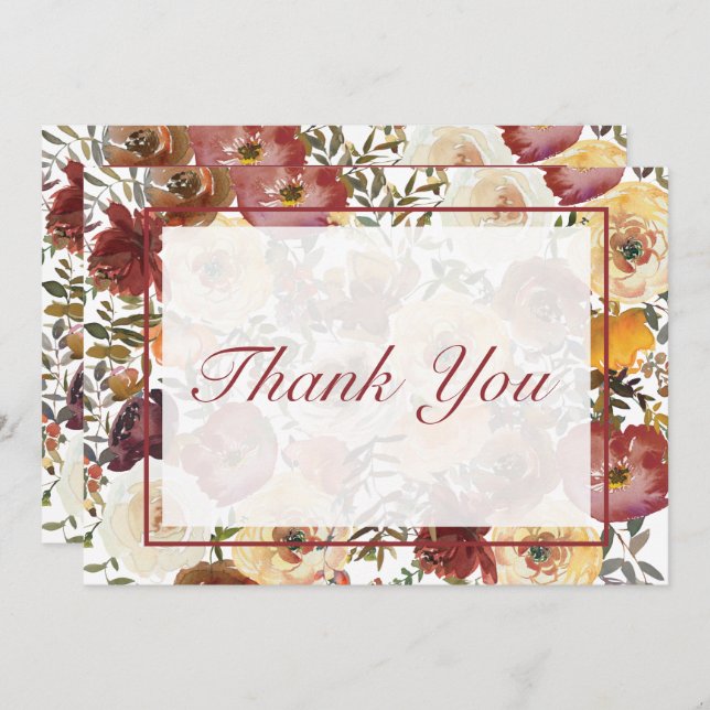 Fall Watercolor Bouquets Wedding Thank You Card (Front/Back)