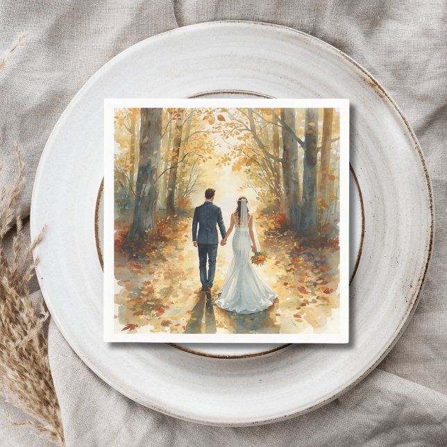 Fall Watercolor Bride & Groom Painted Wedding  Napkins (Creator Uploaded)