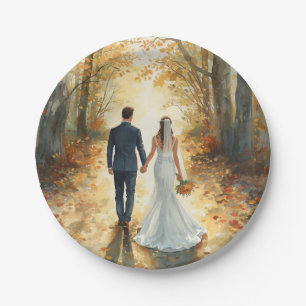 Fall Watercolor Bride & Groom Painted Wedding Paper Plates