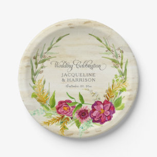 Fall Watercolor Burgundy Rose Floral w Rustic Wood Paper Plates