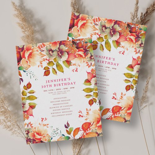 Fall Watercolor Floral 30th Birthday Program 