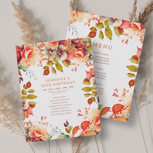 Fall Watercolor Floral 50 Birthday Program Menu