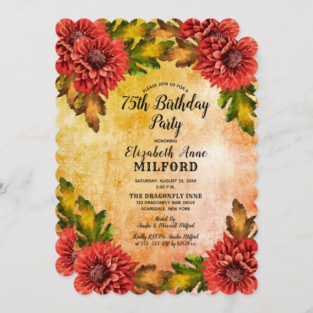 Fall Watercolor Floral 75th Birthday Party Invitation (Front/Back)