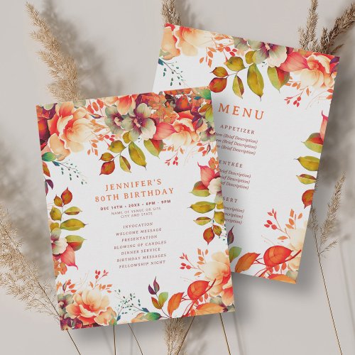 Fall Watercolor Floral 80 Birthday Program Menu