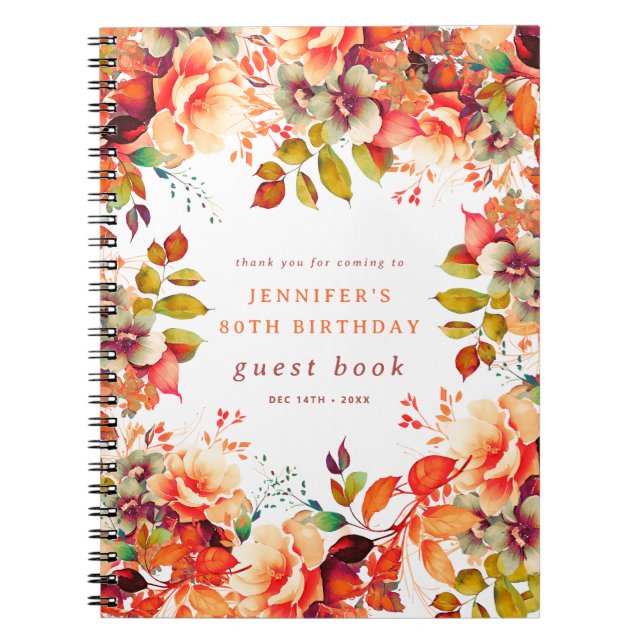 Fall Watercolor Floral 80th Birthday Guest Book (Front)