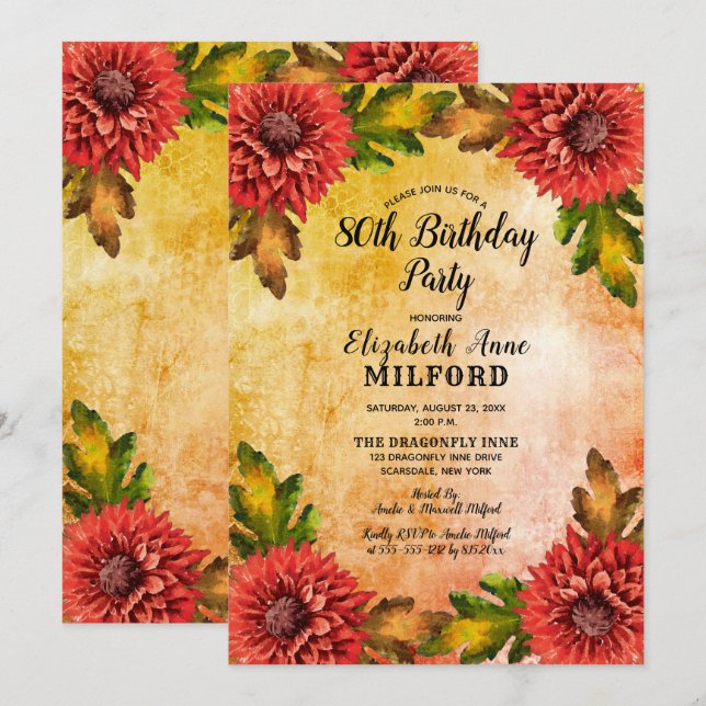 Fall Watercolor Floral 80th Birthday Party Invitation (Front/Back)