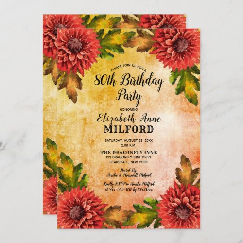 Fall Watercolor Floral 80th Birthday Party Invitation