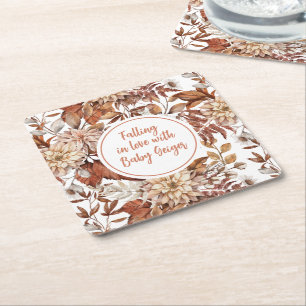Fall Watercolor Floral Baby Shower Square Paper Coaster