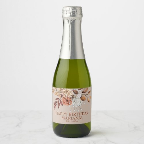 Fall Watercolor Floral Birthday Party Sparkling Wine Label