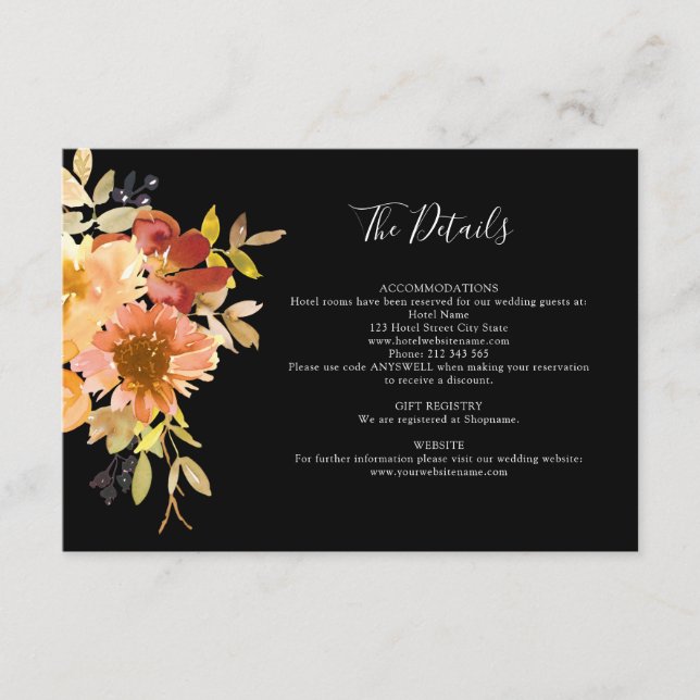 Fall Watercolor Floral Black Wedding Details Enclosure Card (Front)