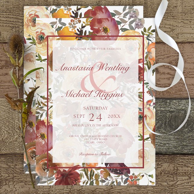 Fall Watercolor Floral Bouquets Wedding Invitation (Creator Uploaded)