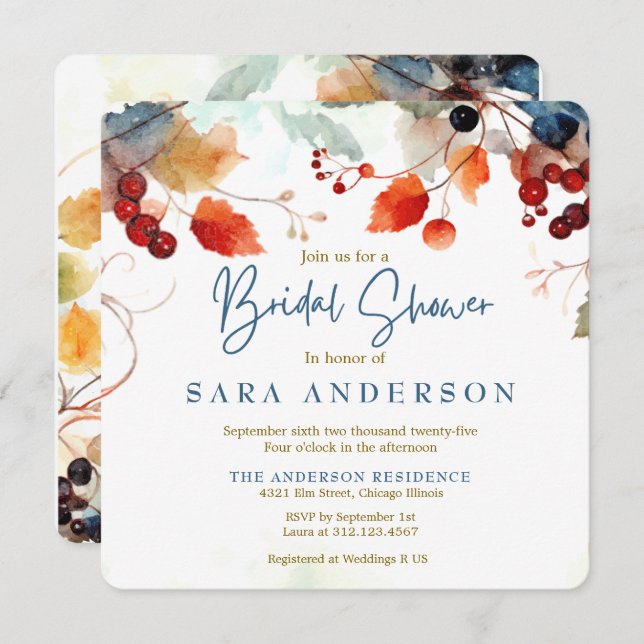 Fall Watercolor floral Bridal Invitation (Front/Back)