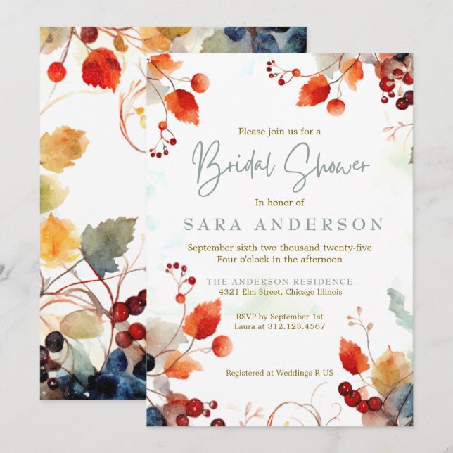 Fall Watercolor Floral Bridal Shower Invitation (Front/Back)