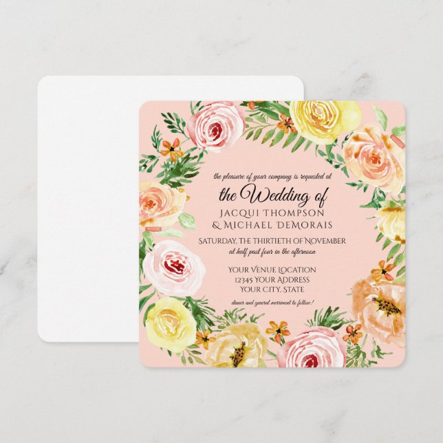 Fall Watercolor Floral Elegant Modern Roses Wreath Invitation (Front/Back)