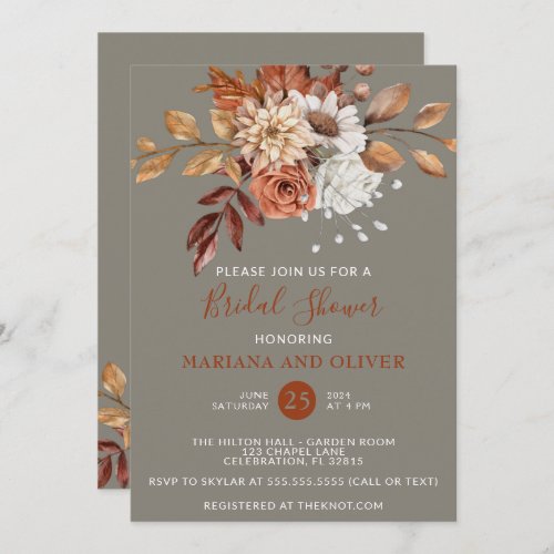 Fall Watercolor Floral Grey Bridal Shower Invitation