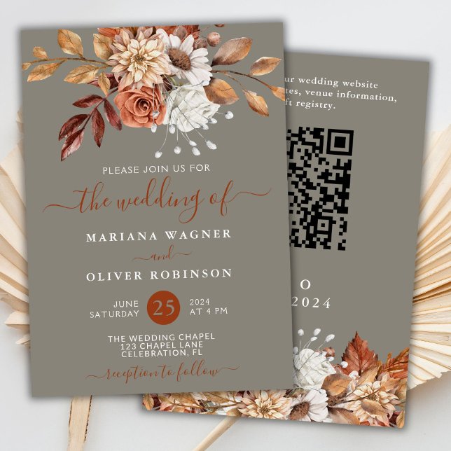 Fall Watercolor Floral Grey QR CodeWedding Invitation (Creator Uploaded)
