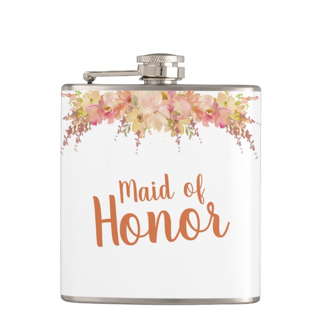 Fall Watercolor Floral Maid of Honor Flask (Front)