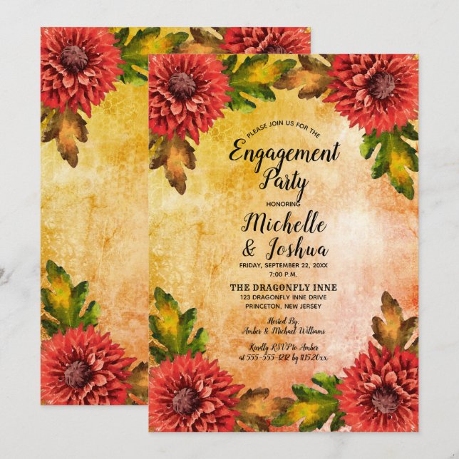 Fall Watercolor Floral Mums Engagement Party Invitation (Front/Back)
