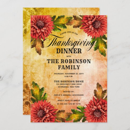 Fall Watercolor Floral Mums Thanksgiving Dinner Invitation