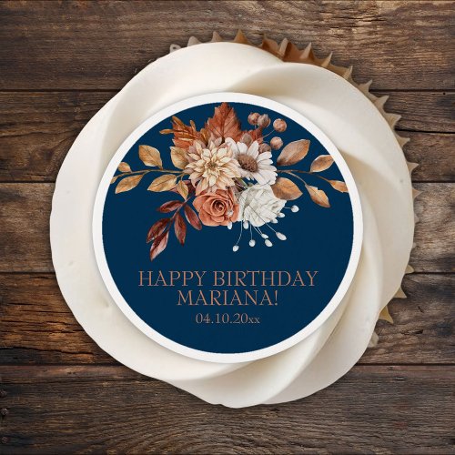 Fall Watercolor Floral Navy Blue Birthday Party Edible Frosting Rounds