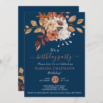 Fall Watercolor Floral Navy Blue Birthday Party Invitation by WittyPrintables at Zazzle