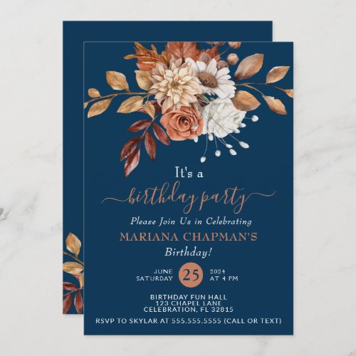 Fall Watercolor Floral Navy Blue Birthday Party Invitation