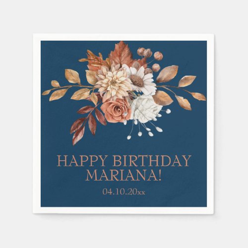 Fall Watercolor Floral Navy Blue Birthday Party Napkins