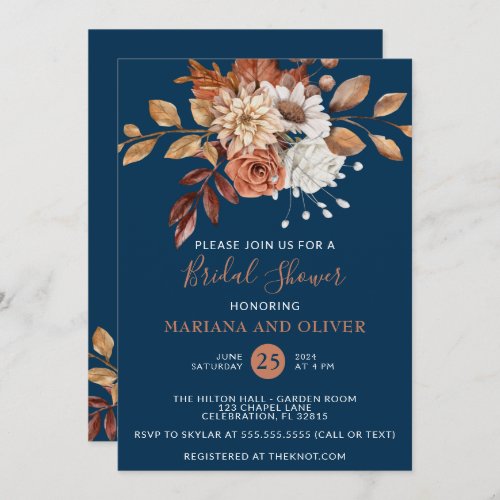 Fall Watercolor Floral Navy Blue Bridal Shower Invitation