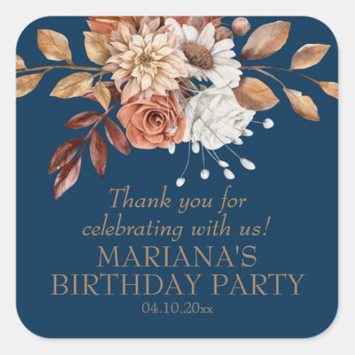Fall Watercolor Floral Navy Blue Party Favor Square Sticker