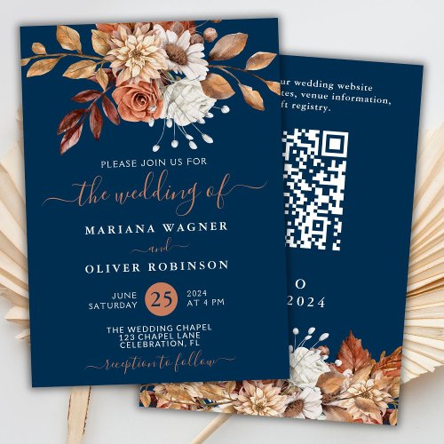 Fall Watercolor Floral Navy Blue QR Code Wedding Invitation