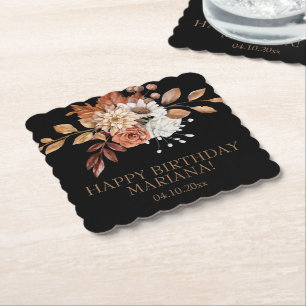 Fall Watercolor Floral on Black Birthday Party Pap Paper Coaster
