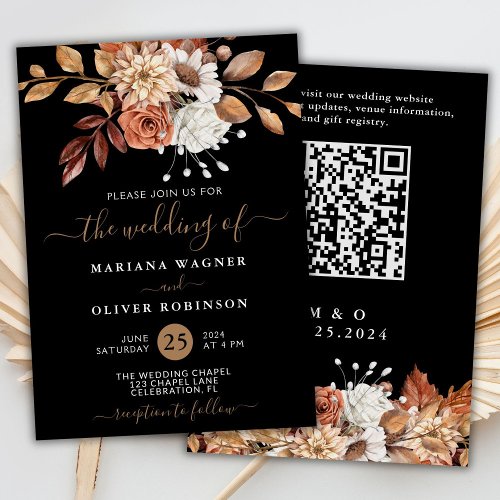 Fall Watercolor Floral on Black QR Code Wedding Invitation