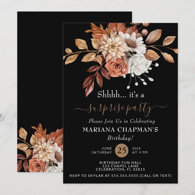 Fall Watercolor Floral on Black Surprise Party Invitation (Front/Back)