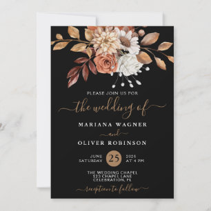 Fall Watercolor Floral on Black Wedding Invitation