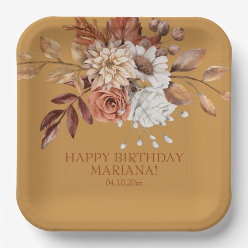 Fall Watercolor Floral on Gold Birthday Party Pape Paper Plates