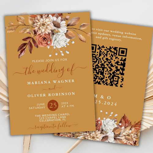 Fall Watercolor Floral on Gold QR Code Wedding Invitation