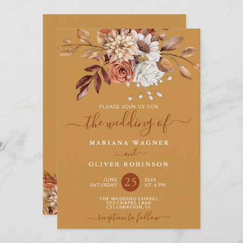 Fall Watercolor Floral on Gold Wedding Invitation