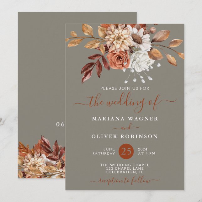 Fall Watercolor Floral on Grey Wedding Invitation (Front/Back)