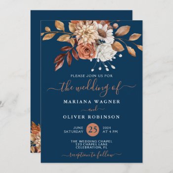 Fall Watercolor Floral On Navy Blue Wedding Invitation by WittyPrintables at Zazzle