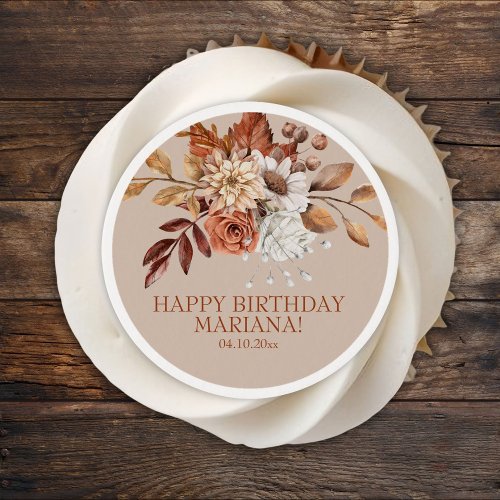 Fall Watercolor Floral on Taupe Birthday Party Edible Frosting Rounds