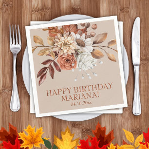 Fall Watercolor Floral on Taupe Birthday Party Napkins