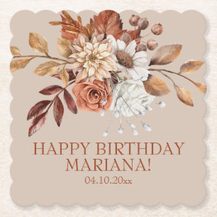 Fall Watercolor Floral on Taupe Birthday Party Paper Coaster