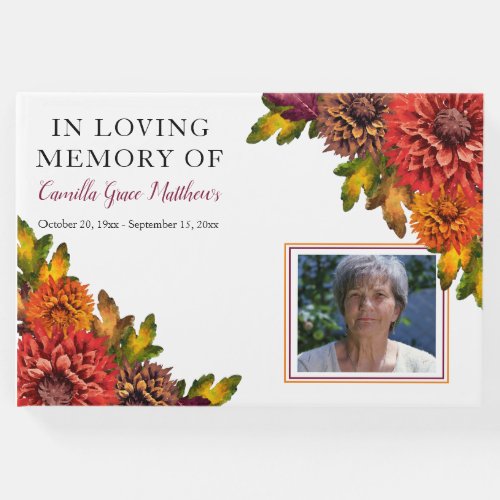 Fall Watercolor Floral Photo Bereavement  Funeral Guest Book