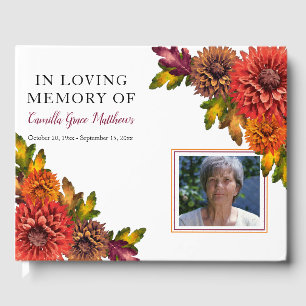 Fall Watercolor Floral Photo Bereavement   Funeral Guest Book