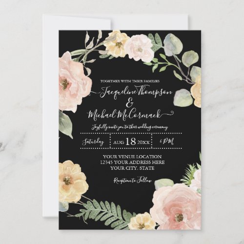 Fall Watercolor Floral Rose Black n Blush Wedding Invitation