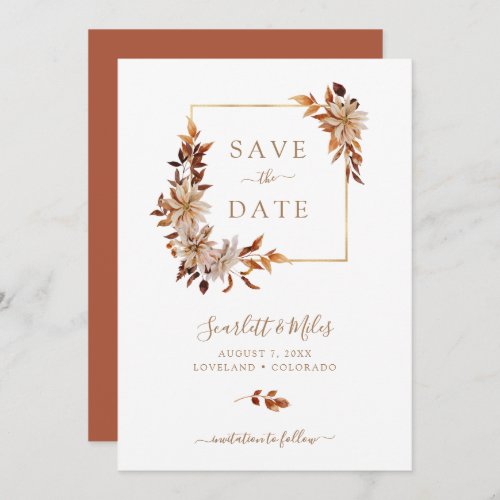 Fall Watercolor Floral Square Gold Frame Wedding Save The Date
