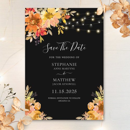 Fall Watercolor Floral String Lights Wedding Save The Date